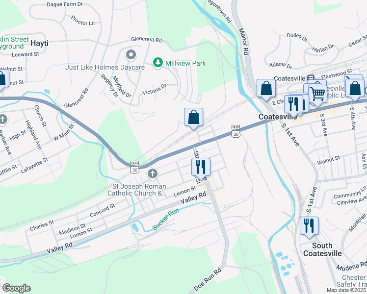 map of restaurants, bars, coffee shops, grocery stores, and more near 345 West Lincoln Highway in Coatesville