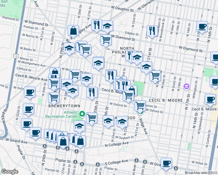 map of restaurants, bars, coffee shops, grocery stores, and more near 2331 Cecil B. Moore Avenue in Philadelphia