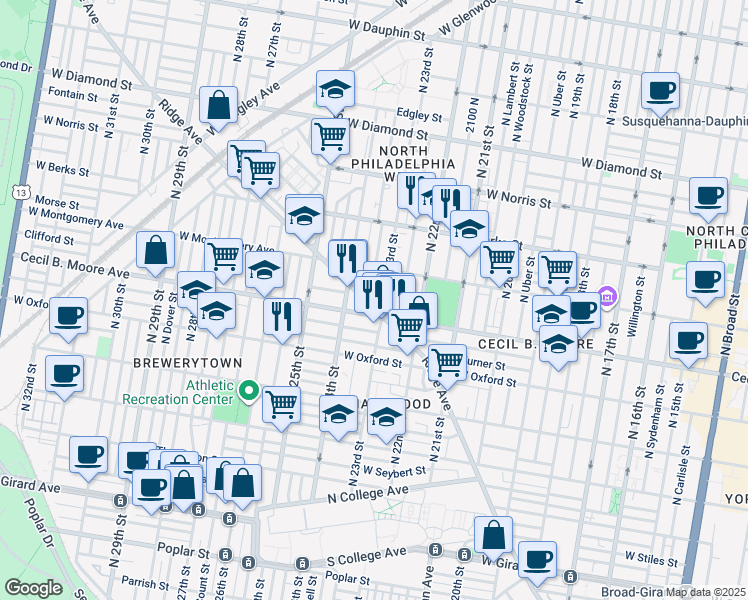 map of restaurants, bars, coffee shops, grocery stores, and more near 2315 Ridge Avenue in Philadelphia