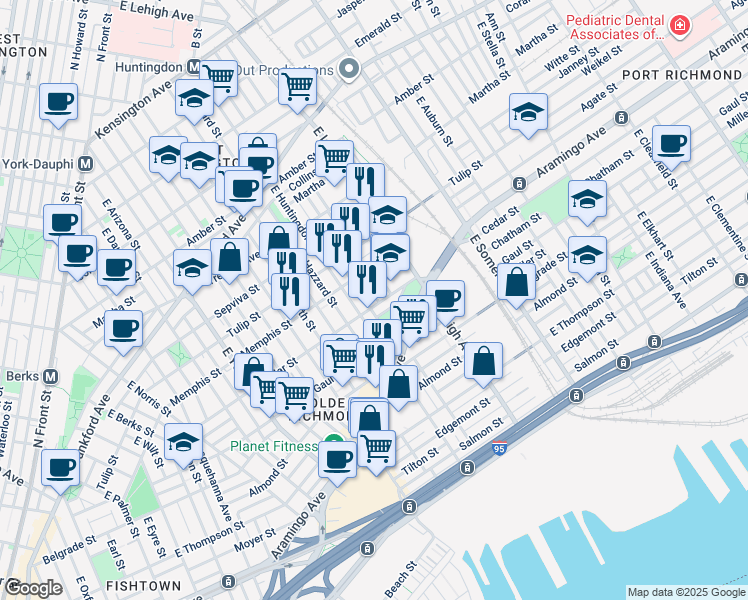 map of restaurants, bars, coffee shops, grocery stores, and more near 2624 Cedar Street in Philadelphia