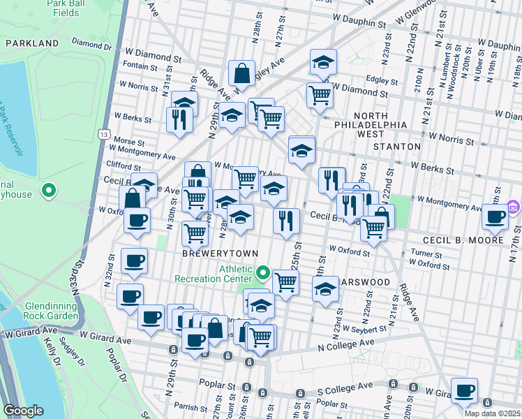 map of restaurants, bars, coffee shops, grocery stores, and more near 2622 Cecil B. Moore Avenue in Philadelphia
