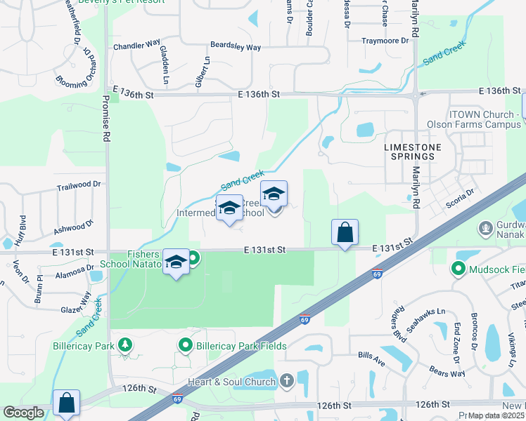 map of restaurants, bars, coffee shops, grocery stores, and more near 11550 East 131st Street in Fishers