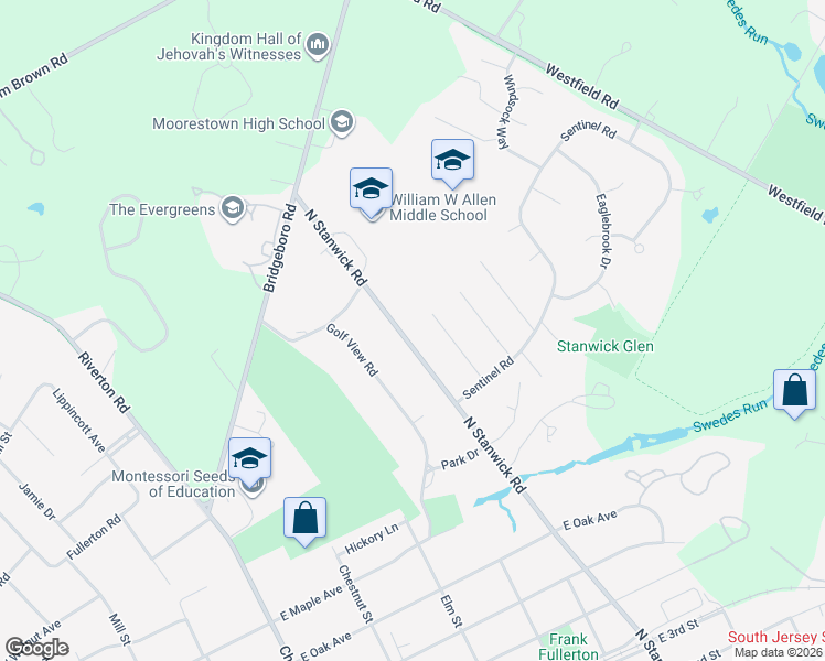 map of restaurants, bars, coffee shops, grocery stores, and more near 745 North Stanwick Road in Moorestown