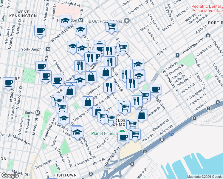 map of restaurants, bars, coffee shops, grocery stores, and more near 2315 East Cumberland Street in Philadelphia