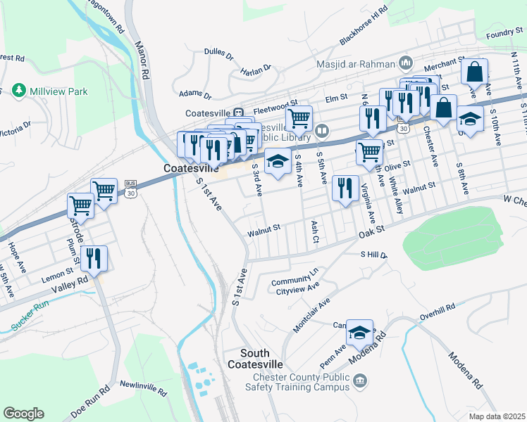 map of restaurants, bars, coffee shops, grocery stores, and more near 81 South 3rd Avenue in Coatesville