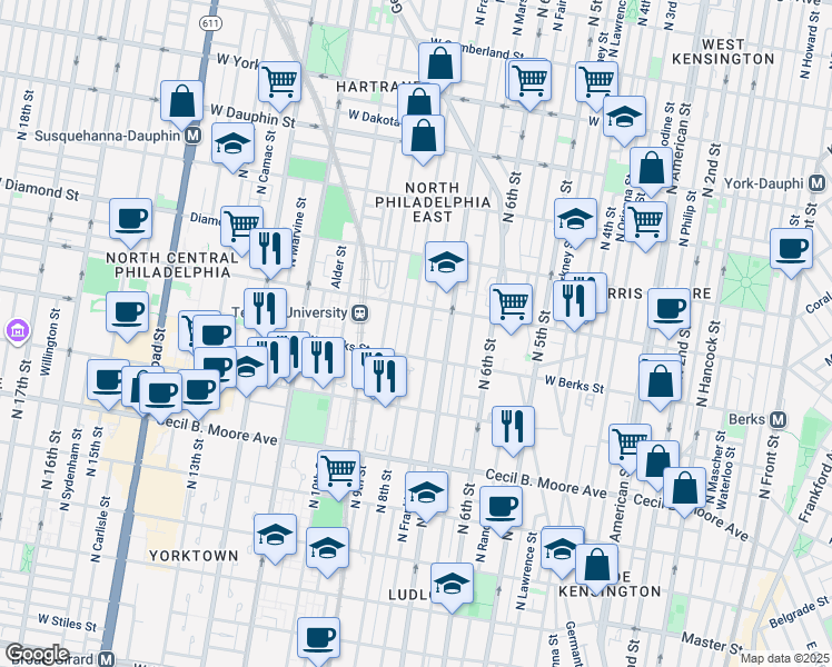 map of restaurants, bars, coffee shops, grocery stores, and more near 1913 North Franklin Street in Philadelphia