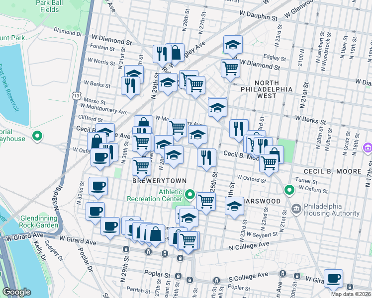 map of restaurants, bars, coffee shops, grocery stores, and more near 2618 Cecil B. Moore Avenue in Philadelphia