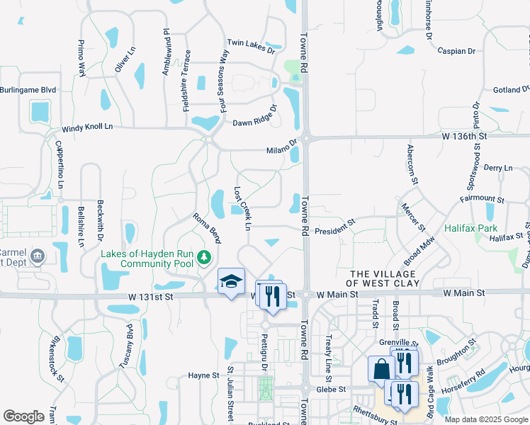 map of restaurants, bars, coffee shops, grocery stores, and more near 2553 Diamond Lake Drive in Westfield