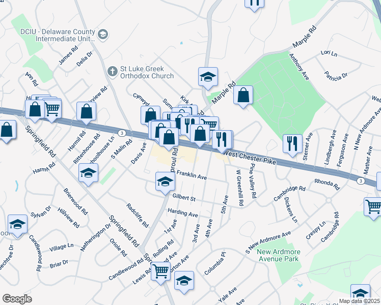 map of restaurants, bars, coffee shops, grocery stores, and more near 2560 Pennsylvania 3 in Broomall