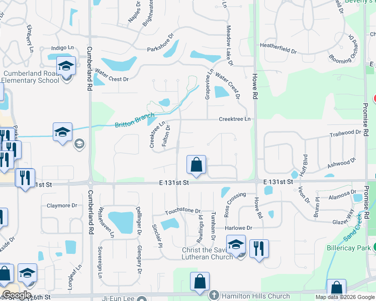map of restaurants, bars, coffee shops, grocery stores, and more near 10185 Bootham Close in Fishers