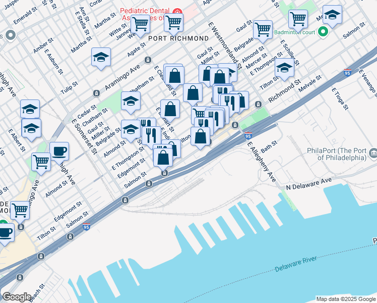 map of restaurants, bars, coffee shops, grocery stores, and more near 3020 Richmond Street in Philadelphia