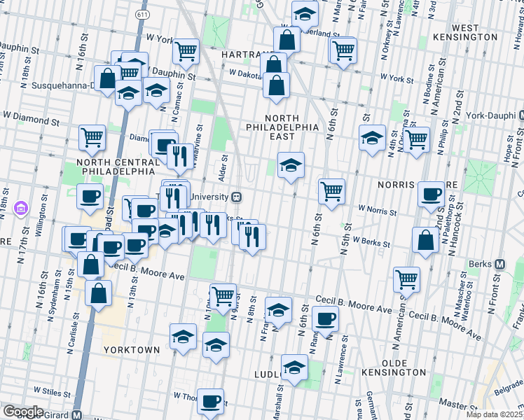 map of restaurants, bars, coffee shops, grocery stores, and more near 1927 North Darien Street in Philadelphia