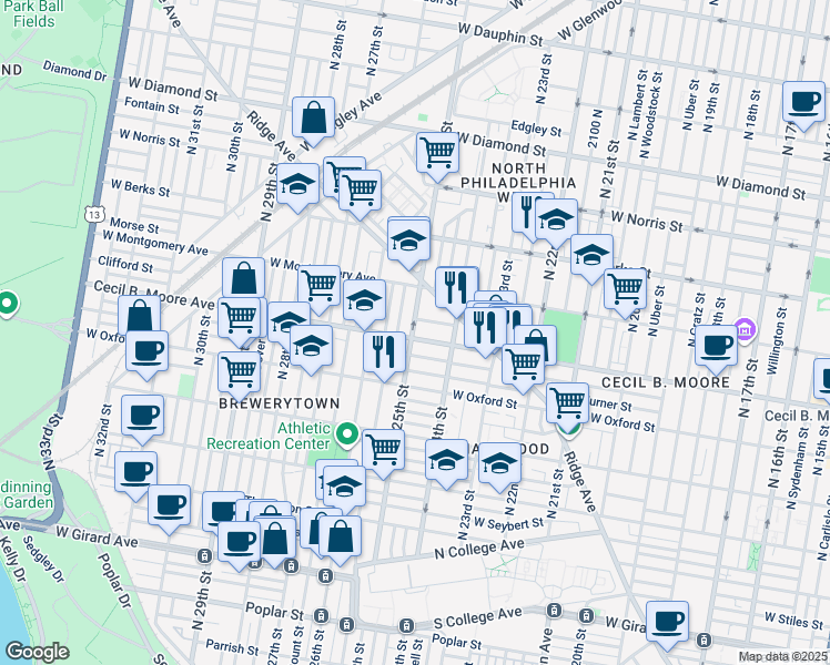map of restaurants, bars, coffee shops, grocery stores, and more near 2449 Cecil B. Moore Avenue in Philadelphia