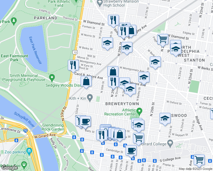 map of restaurants, bars, coffee shops, grocery stores, and more near 2935 Turner Street in Philadelphia