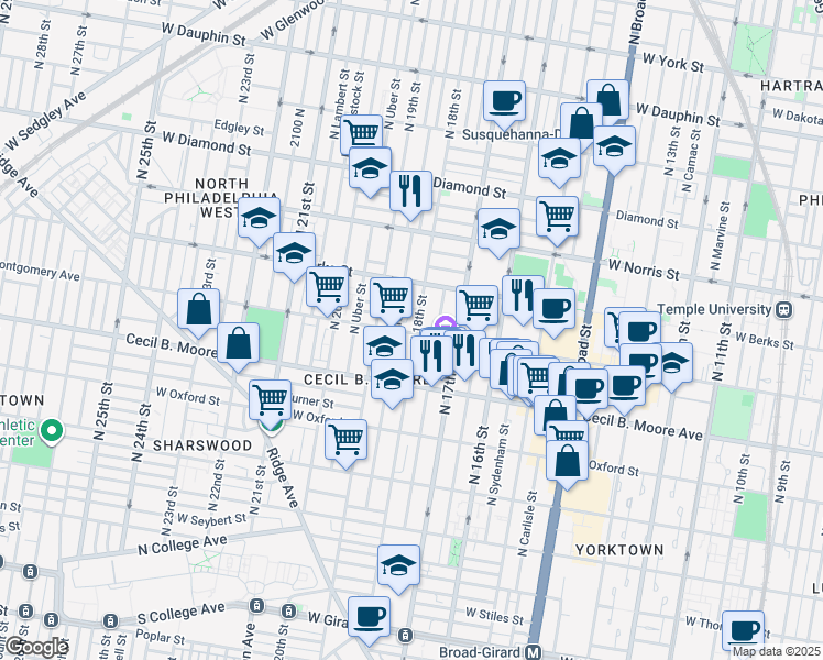 map of restaurants, bars, coffee shops, grocery stores, and more near 1731 West Montgomery Avenue in Philadelphia