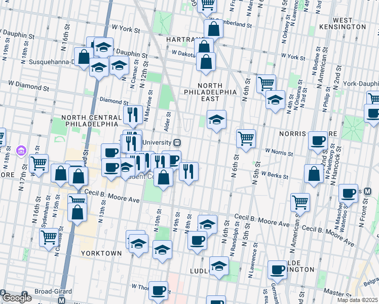 map of restaurants, bars, coffee shops, grocery stores, and more near 1925 North 9th Street in Philadelphia