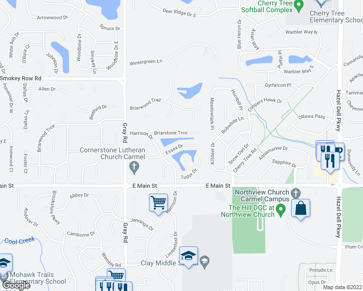 map of restaurants, bars, coffee shops, grocery stores, and more near 4937 Essex Drive in Carmel