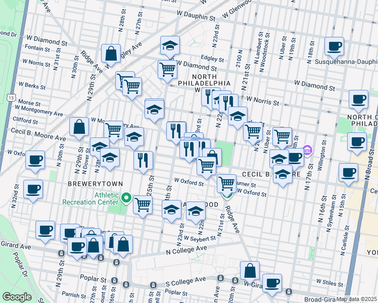 map of restaurants, bars, coffee shops, grocery stores, and more near 2317 Ridge Avenue in Philadelphia