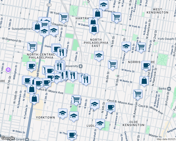 map of restaurants, bars, coffee shops, grocery stores, and more near 1924 North Darien Street in Philadelphia