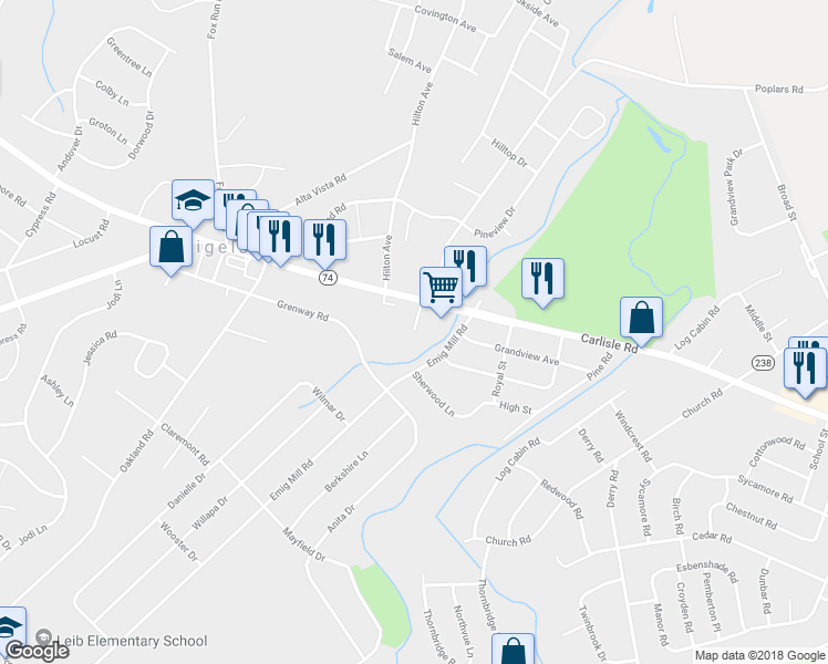 map of restaurants, bars, coffee shops, grocery stores, and more near 2444 Harlacker Lane in Dover