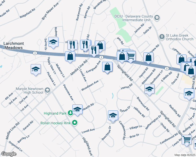 map of restaurants, bars, coffee shops, grocery stores, and more near 62 Woodlawn Avenue in Broomall
