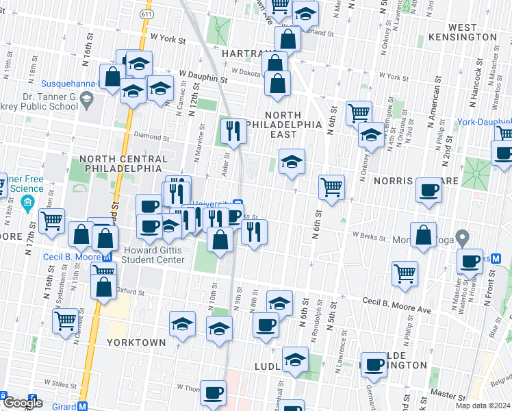 map of restaurants, bars, coffee shops, grocery stores, and more near 1927 North 9th Street in Philadelphia