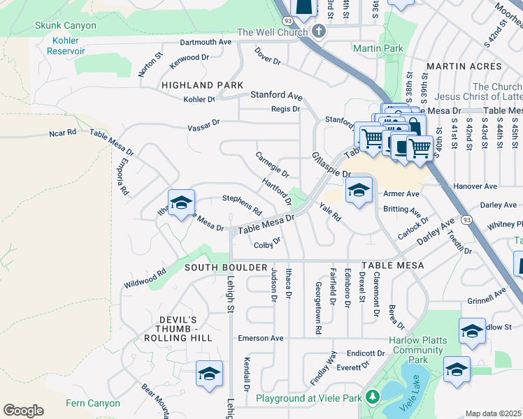 map of restaurants, bars, coffee shops, grocery stores, and more near 2885 Stephens Road in Boulder