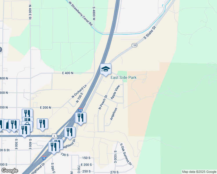 map of restaurants, bars, coffee shops, grocery stores, and more near 332 North Peach Street in Santaquin