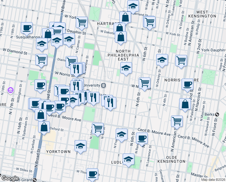 map of restaurants, bars, coffee shops, grocery stores, and more near 1917 North 9th Street in Philadelphia