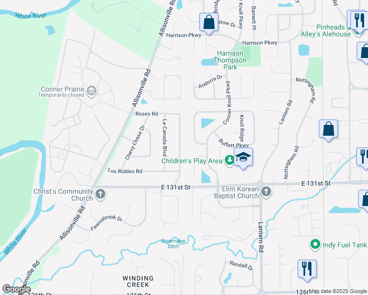 map of restaurants, bars, coffee shops, grocery stores, and more near 13235 San Vincente Blvd in Fishers