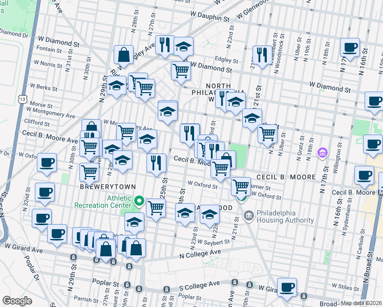 map of restaurants, bars, coffee shops, grocery stores, and more near 2331 Cecil B. Moore Avenue in Philadelphia