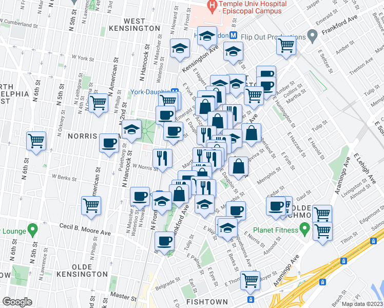map of restaurants, bars, coffee shops, grocery stores, and more near 2103 East Susquehanna Avenue in Philadelphia