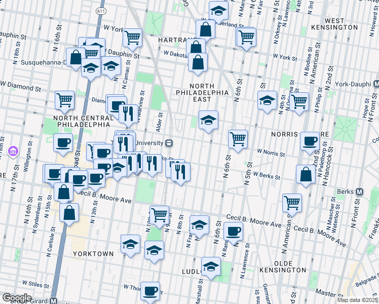 map of restaurants, bars, coffee shops, grocery stores, and more near 1928 North 8th Street in Philadelphia