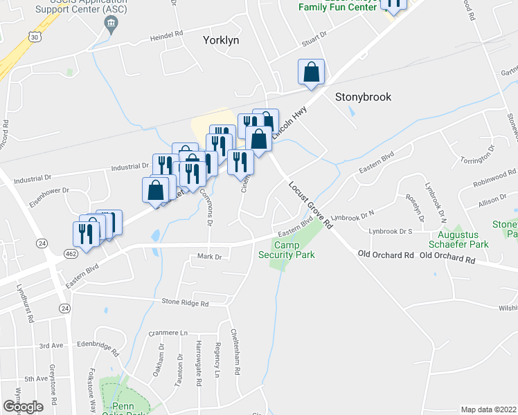 map of restaurants, bars, coffee shops, grocery stores, and more near 3645 Stone Ridge Road in York