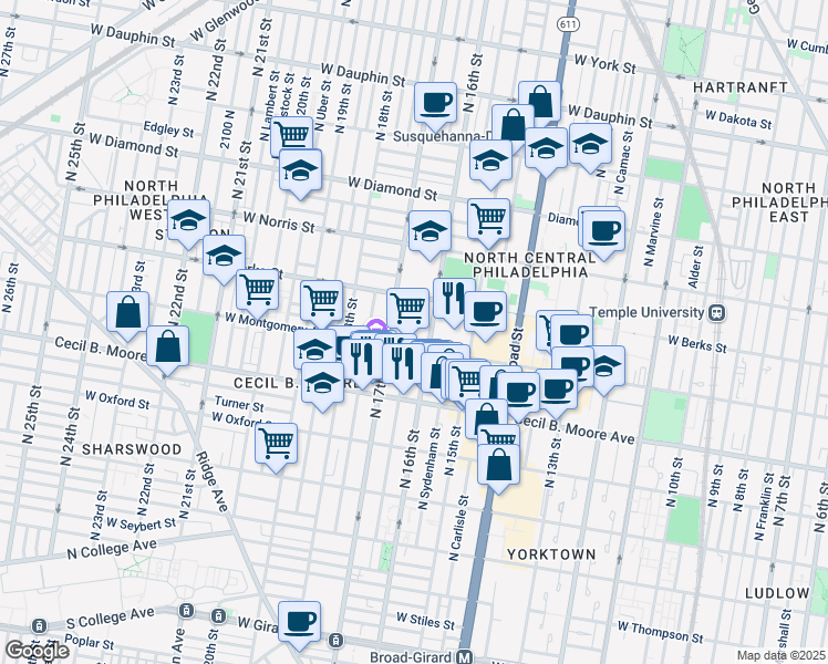 map of restaurants, bars, coffee shops, grocery stores, and more near 1821 Willington Street in Philadelphia
