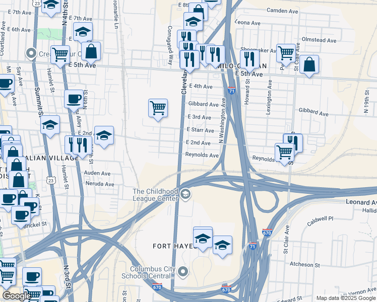 map of restaurants, bars, coffee shops, grocery stores, and more near 568 Reynolds Avenue in Columbus