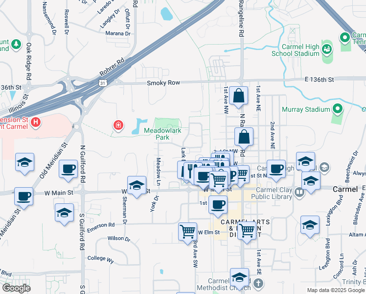 map of restaurants, bars, coffee shops, grocery stores, and more near 331 Parkview Place in Carmel