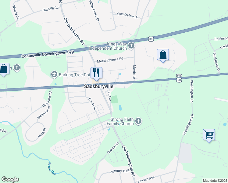 map of restaurants, bars, coffee shops, grocery stores, and more near 920 Old Wilmington Road in Coatesville