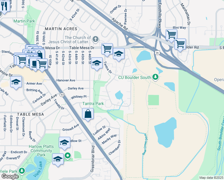 map of restaurants, bars, coffee shops, grocery stores, and more near 990 West Moorhead Circle in Boulder