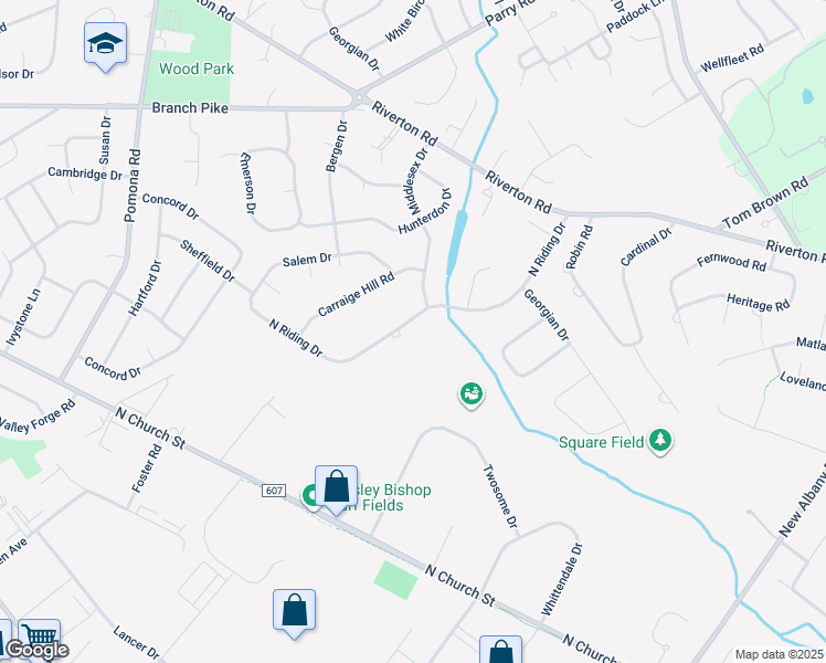 map of restaurants, bars, coffee shops, grocery stores, and more near 232 North Riding Drive in Moorestown