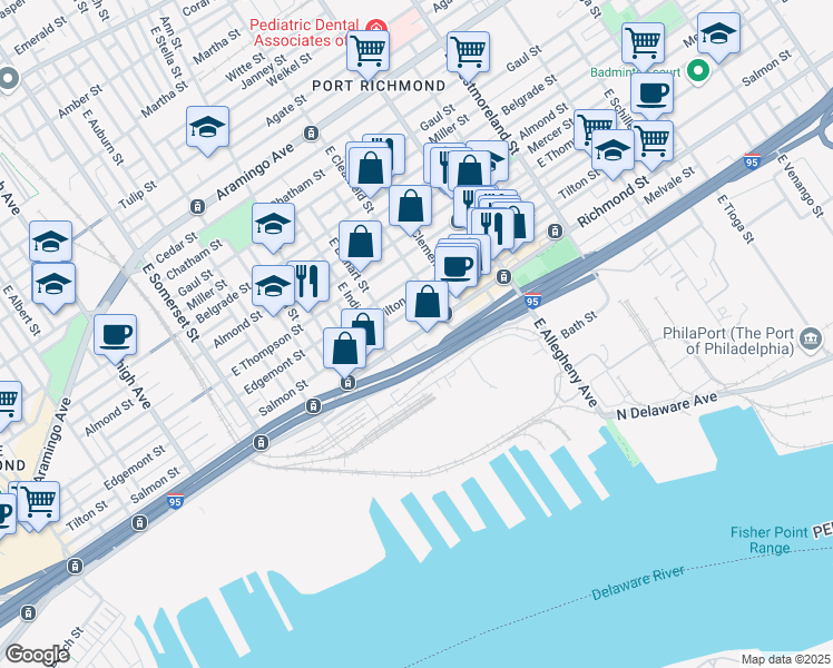 map of restaurants, bars, coffee shops, grocery stores, and more near 3027 Richmond Street in Philadelphia