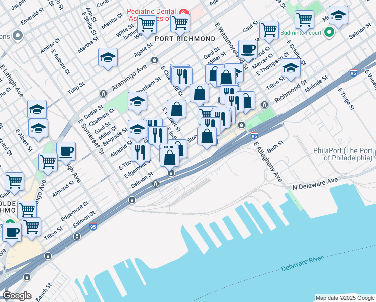 map of restaurants, bars, coffee shops, grocery stores, and more near 3009 Salmon Street in Philadelphia