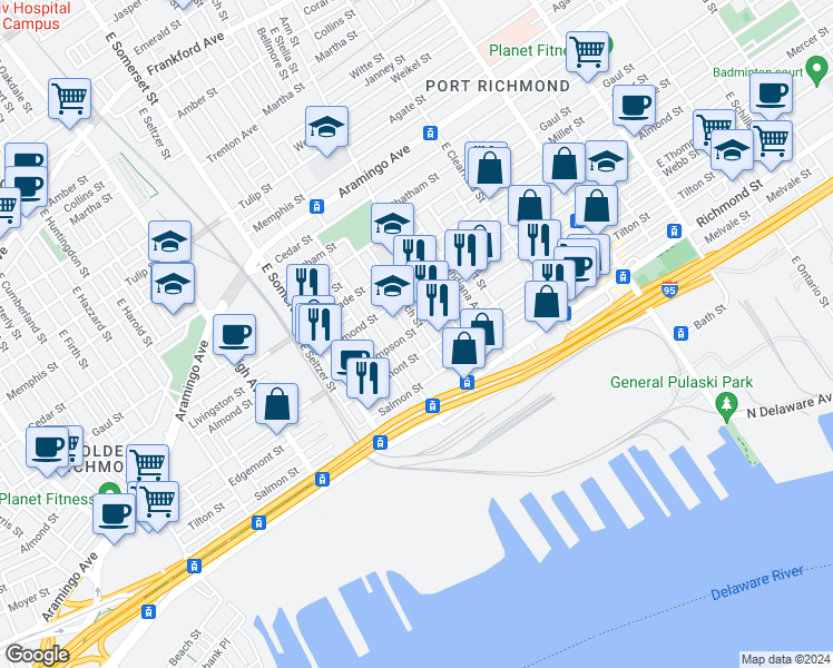 map of restaurants, bars, coffee shops, grocery stores, and more near 2639 East Monmouth Street in Philadelphia