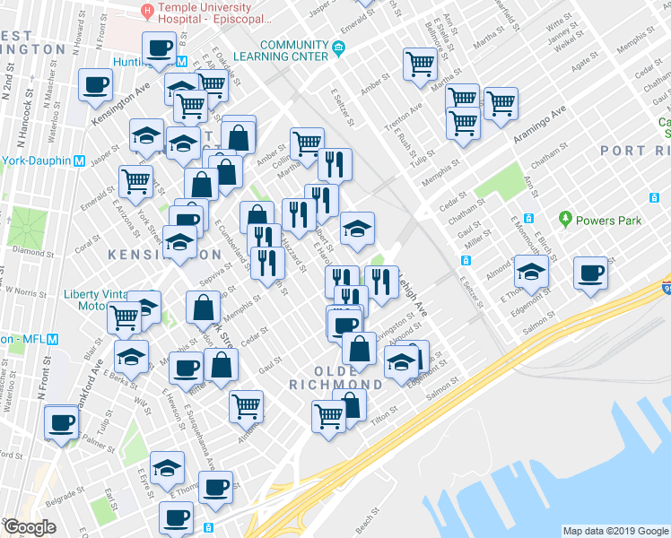 map of restaurants, bars, coffee shops, grocery stores, and more near 2364 East Harold Street in Philadelphia