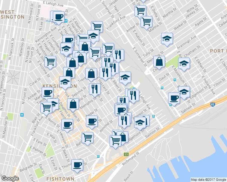 map of restaurants, bars, coffee shops, grocery stores, and more near 2364 East Harold Street in Philadelphia