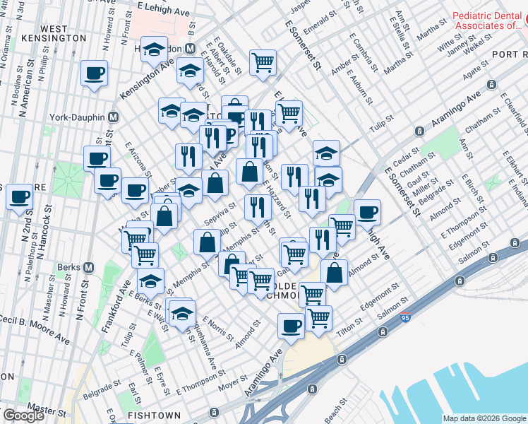 map of restaurants, bars, coffee shops, grocery stores, and more near 2315 East Cumberland Street in Philadelphia