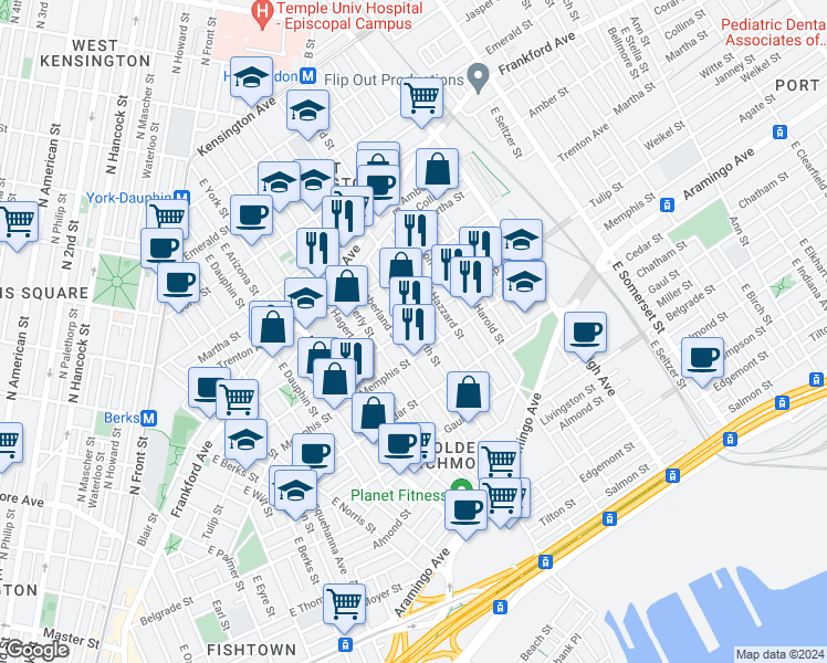 map of restaurants, bars, coffee shops, grocery stores, and more near 2315 East Cumberland Street in Philadelphia