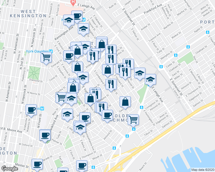 map of restaurants, bars, coffee shops, grocery stores, and more near 2315 East Cumberland Street in Philadelphia
