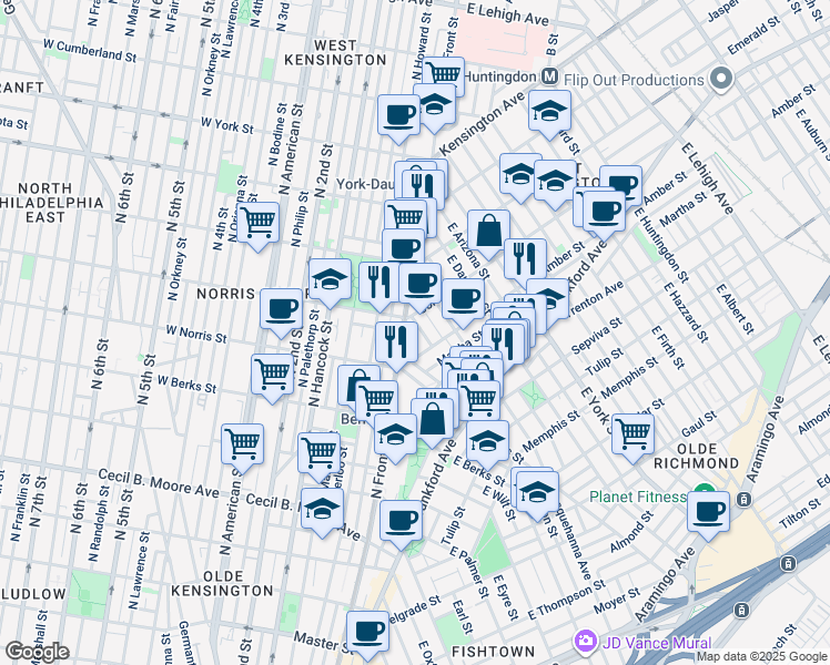 map of restaurants, bars, coffee shops, grocery stores, and more near 2032 Dreer Street in Philadelphia