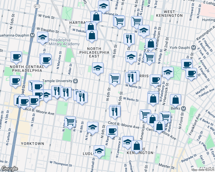 map of restaurants, bars, coffee shops, grocery stores, and more near 1930 North Marshall Street in Philadelphia